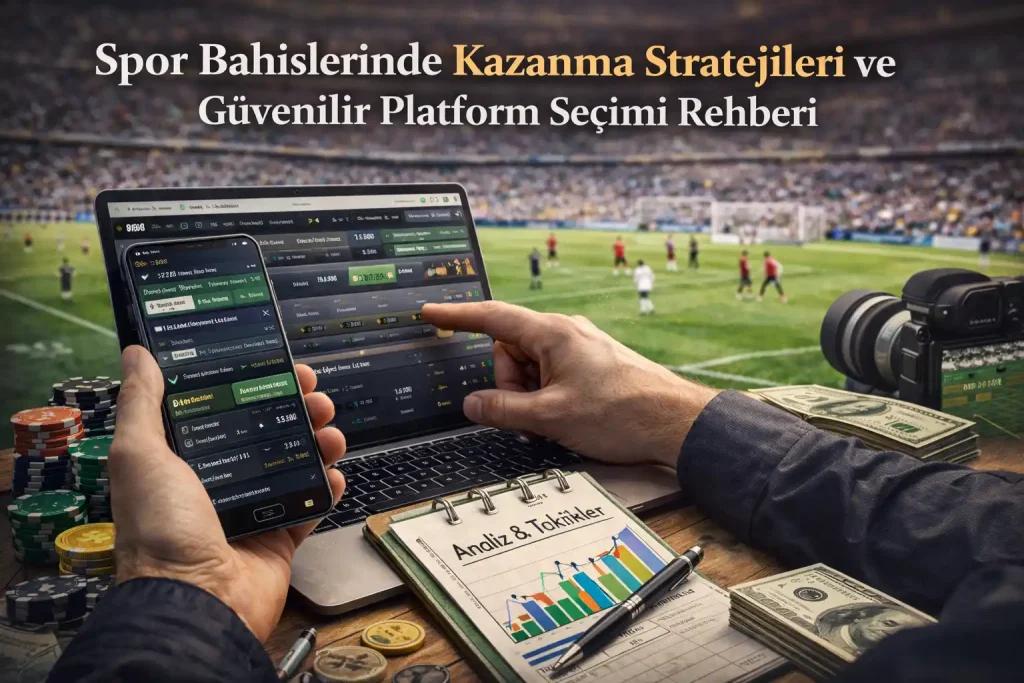 Futbol sahası arka planında dizüstü bilgisayar ve akıllı telefon üzerinden bahis oranlarını inceleyen bir kullanıcının ellerini gösteren, “Spor Bahislerinde Kazanma Stratejileri ve Güvenilir Platform Seçimi Rehberi” konulu makaleyi temsil eden sade ve gerçekçi yatay görsel
