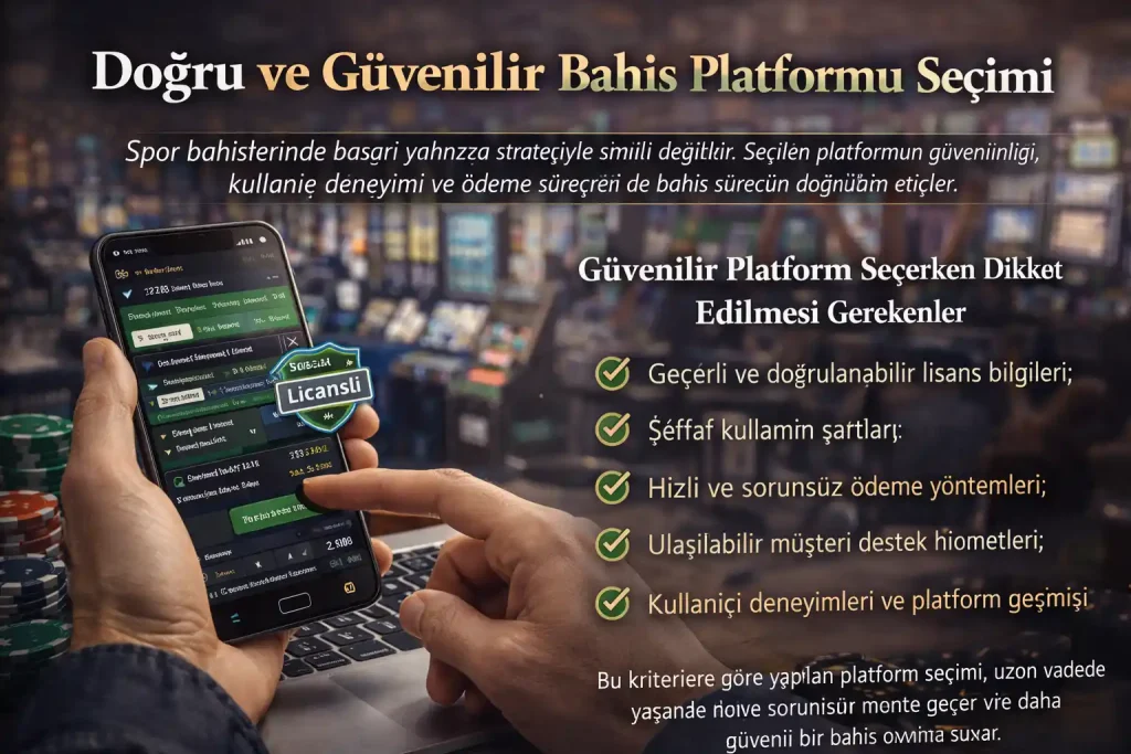 Akıllı telefonunda lisanslı bahis uygulamasını inceleyen bir kullanıcının yer aldığı, “Doğru ve Güvenilir Bahis Platformu Seçimi” konulu makaleyi temsil eden gerçekçi yatay görsel
